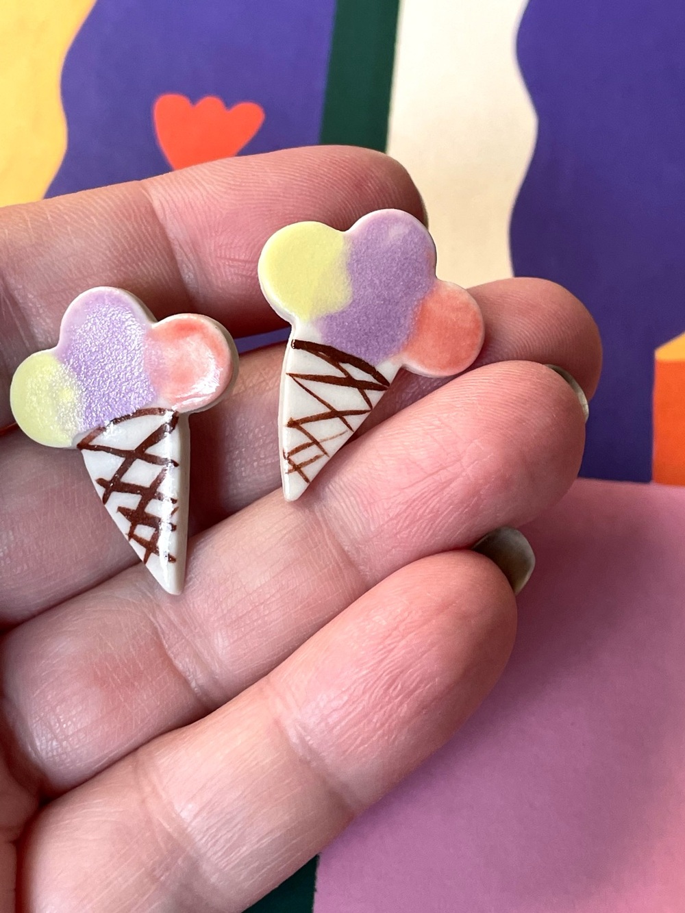 Adorable vintage/style ceramic multicolor ice cream cone post earrings